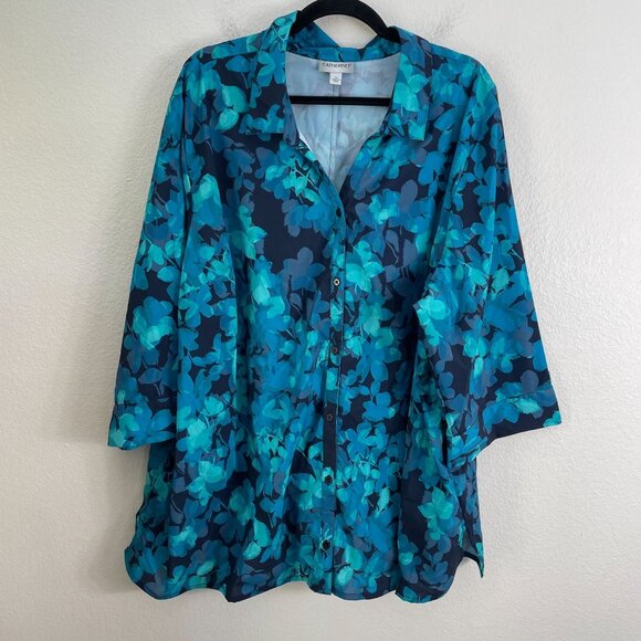 Catherines Womens Plus 3X Blouse Leaf Floral Print Roll Tab Sleeve Shirt Top - Picture 7 of 11